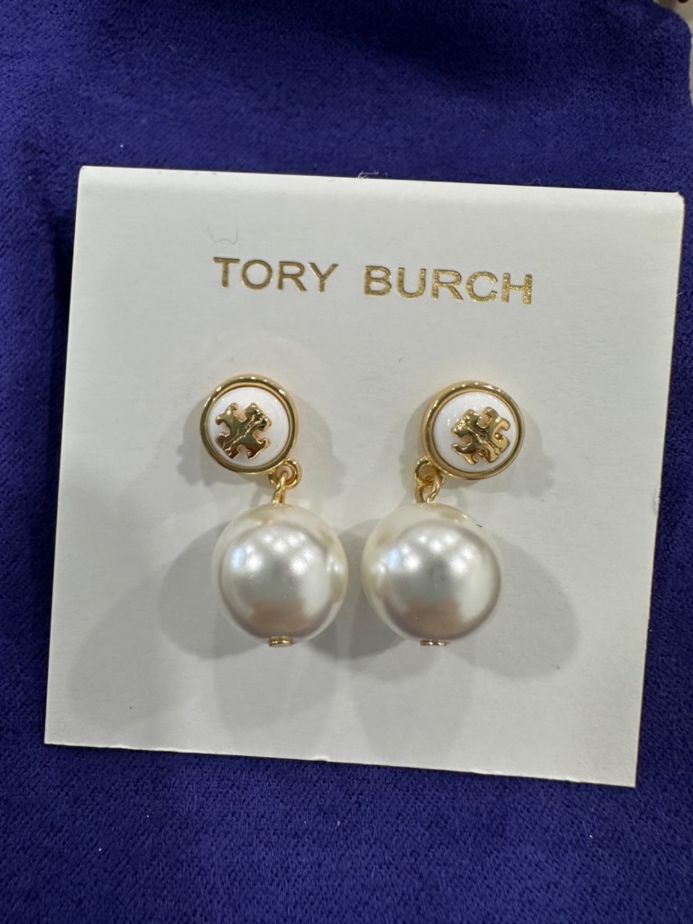 Tory Burch Gold and White Pearl Drop Earrings